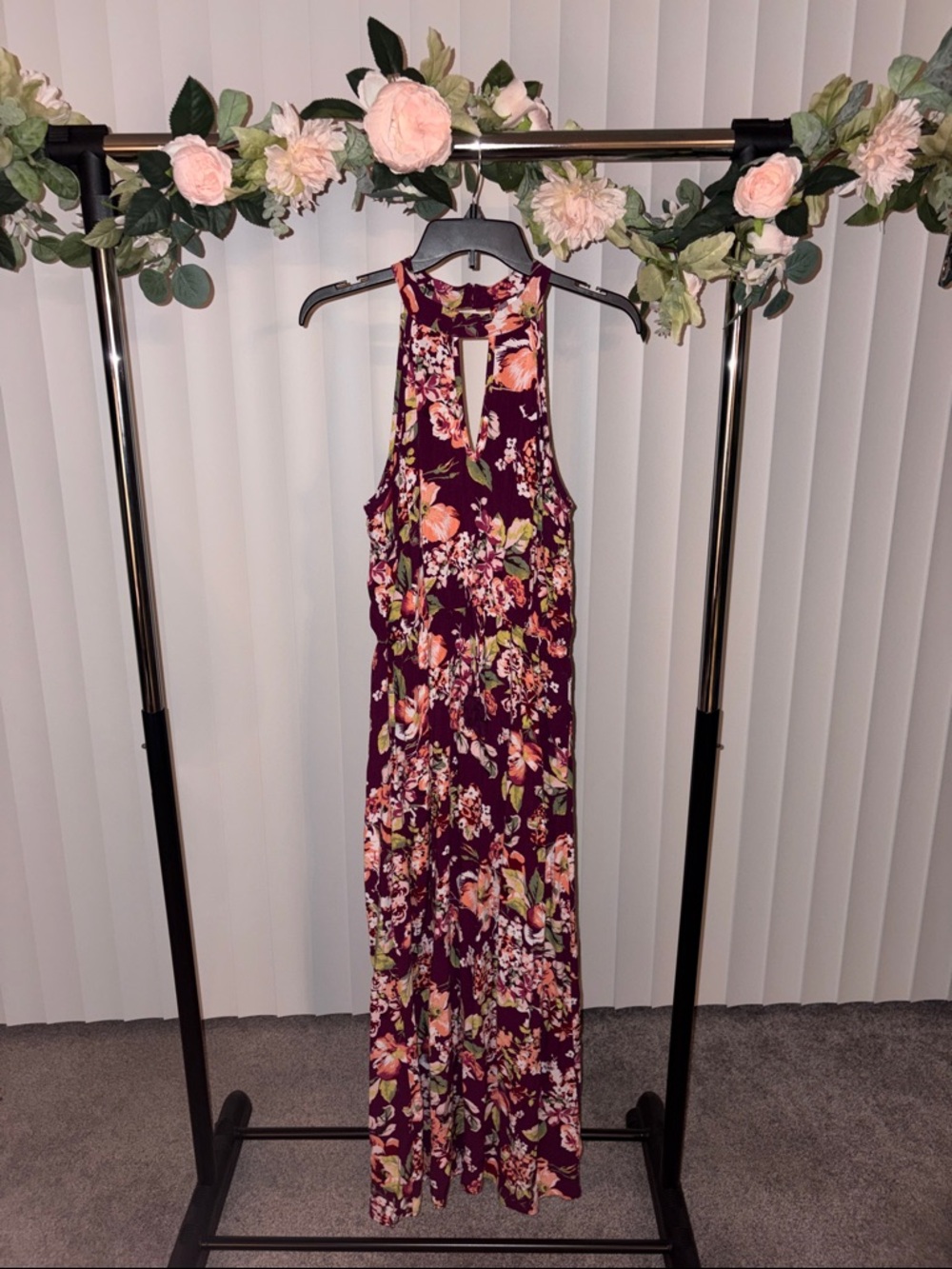Xhilaration Burgundy Floral Halter Maxi Dress